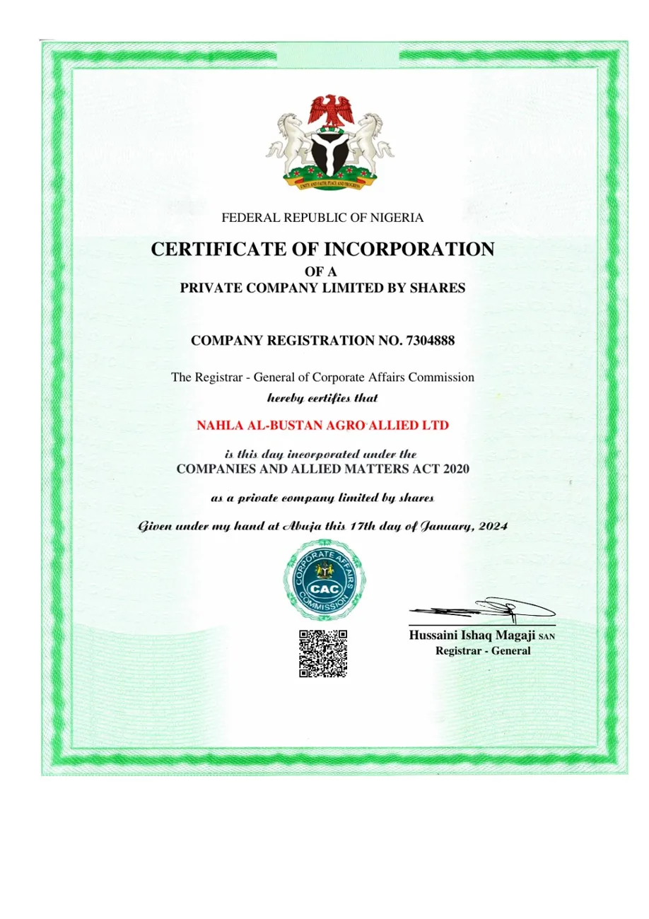 Certificate of Incorporation for Nahla Al-Bustan Agro Allied Ltd, RC 7304888